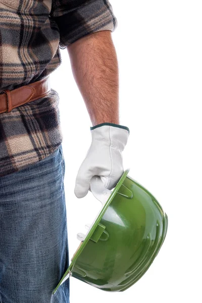 Snickare Isolerad Vit Bakgrund Han Bär Läder Arbetshandskar Och Håller — Stockfoto