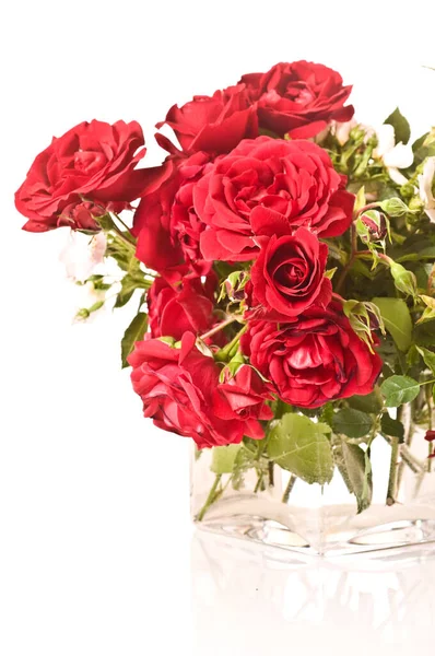 Bouquet Roses Avec Des Roses Rouges Roses Dans Vase Verre — Photo