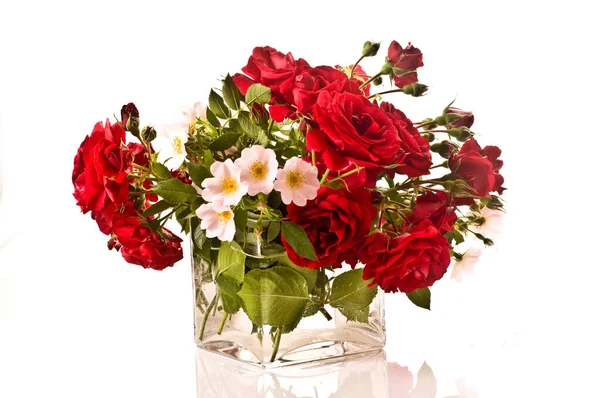 Bouquet Roses Avec Des Roses Rouges Roses Dans Vase Verre — Photo