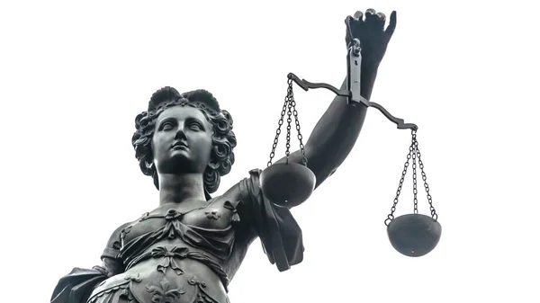 Άγαλμα Δικαιοσύνης Ξίφος Και Κλίμακα Στη Φρανκφούρτη Main Απομονώνονται Λευκό — Φωτογραφία Αρχείου