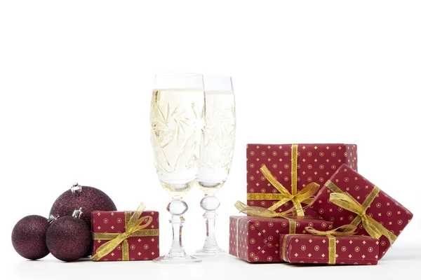 Still Life Two Champagne Flutes Gift Boxes Christmas Decoration Isolated — Stock Photo, Image