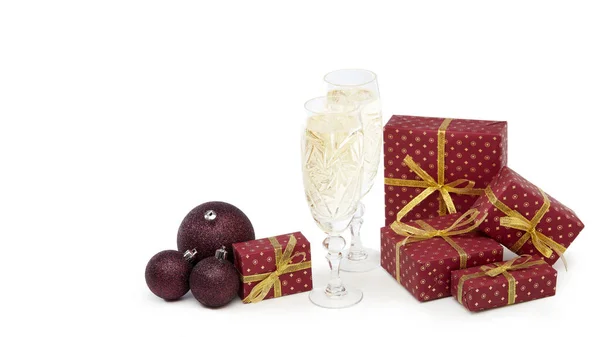 Still Life Two Champagne Flutes Gift Boxes Christmas Decoration Isolated — Stock Photo, Image