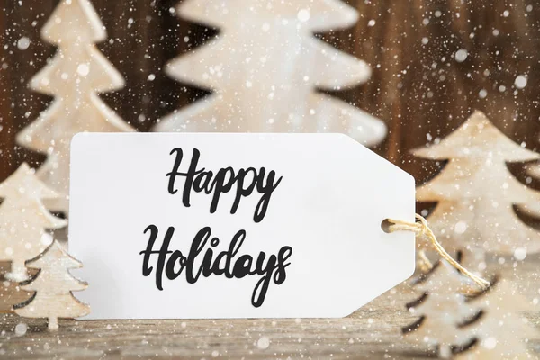 Olabel English Text Happy Holidays 装飾として白い木製のクリスマスツリー 雪の茶色の木の背景 — ストック写真