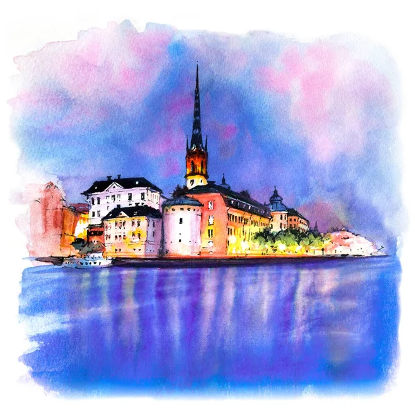 Esboço Aquarela Riddarholmen Noite Gamla Stan Cidade Velha Estocolmo Capital — Fotografia de Stock