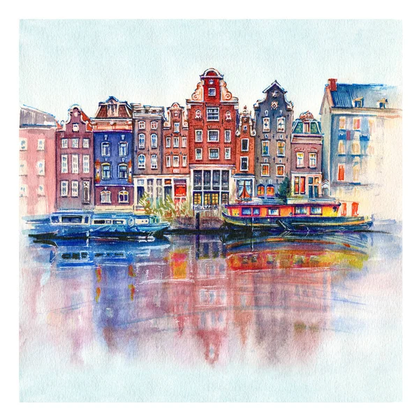 Esboço Aquarela Amsterdam Casas Típicas Com Suas Reflexões Canal Holanda — Fotografia de Stock