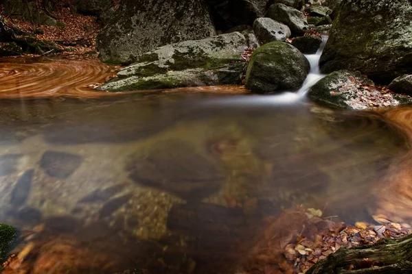 Autumn Long Exposure Creek Black Big Stolpich Waterfalls Jizera Mountain — Stock Photo, Image