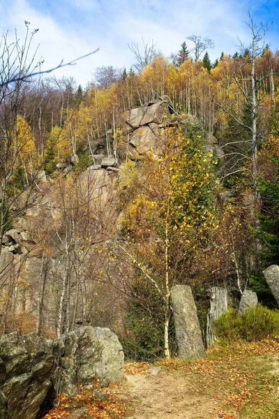 Syksyn Pitkä Altistuminen Puron Musta Iso Stolpich Vesiputouksia Jizera Mountain — kuvapankkivalokuva