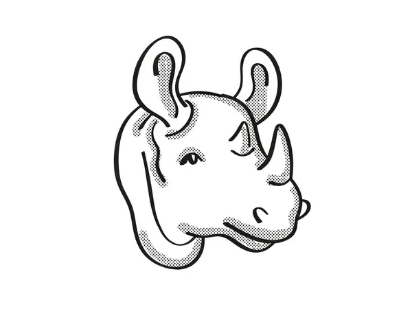 Retro Cartoon Mono Line Style Drawing Head Black Rhinoceros Endangered — Stock Photo, Image