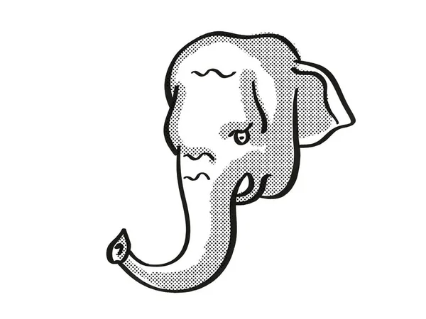 ボルネオ象または象の頭のレトロな漫画モノラインスタイルの描画最大Borneensisは 黒と白で行われた隔離された白い背景に絶滅危惧野生動物種です — ストック写真