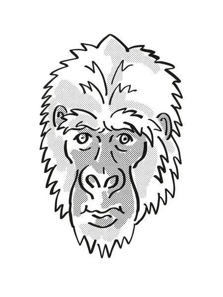 东大猩猩或大猩猩贝伦盖头的复古卡通画单行风格 这是一种濒危野生动物 背景为黑白隔离 — 图库照片