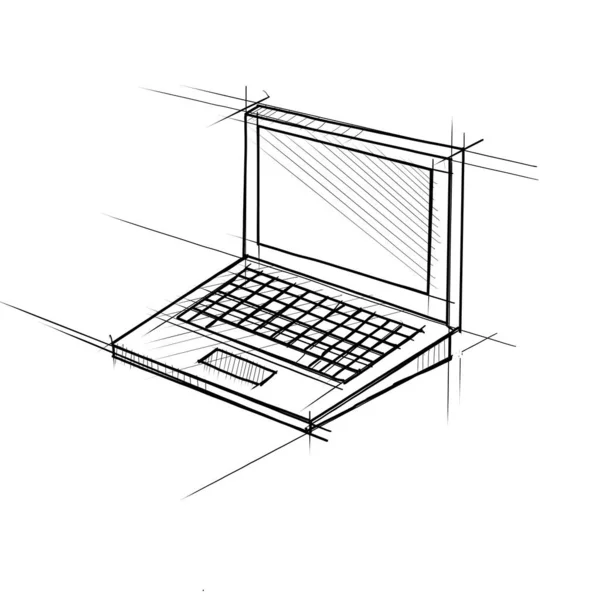 技術図面は 隔離された白の背景に画面上のラップトップコンピュータのスケッチスタイルのイラスト — ストック写真