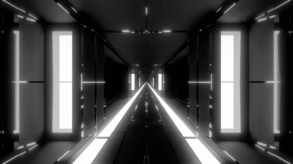 Czysty Futurystyczny Korytarz Tunelu Scifi Szklanymi Oknami Niekończącym Się Gorącym — Zdjęcie stockowe