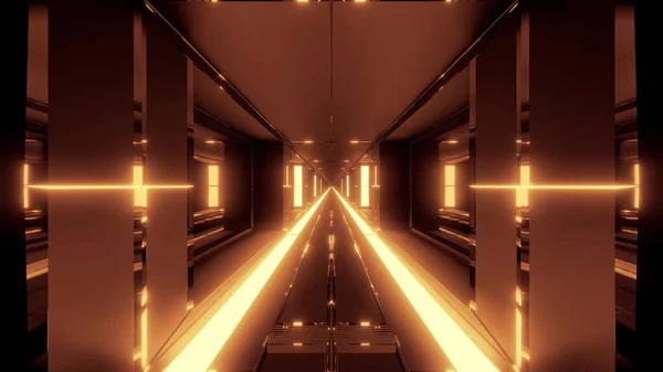 Clean Futuristic Scifi Tunnel Corridor Glass Windows Endless Hot Metal — Stock Photo, Image