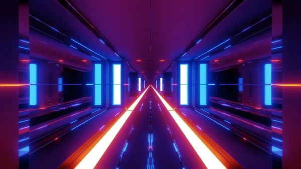 Tiszta Futurisztikus Scifi Alagút Folyosó Üveg Ablakokkal Végtelen Forró Fém — Stock Fotó