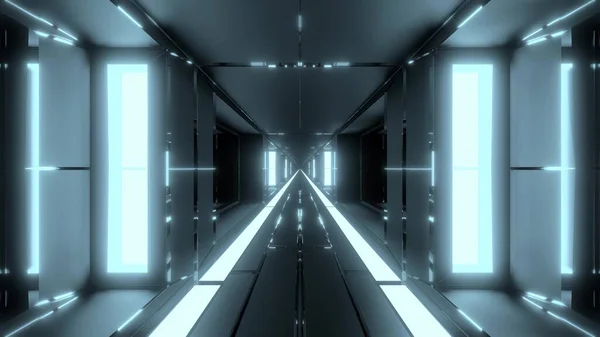 Koridor Terowongan Scifi Futuristik Bersih Dengan Jendela Kaca Dan Logam — Stok Foto