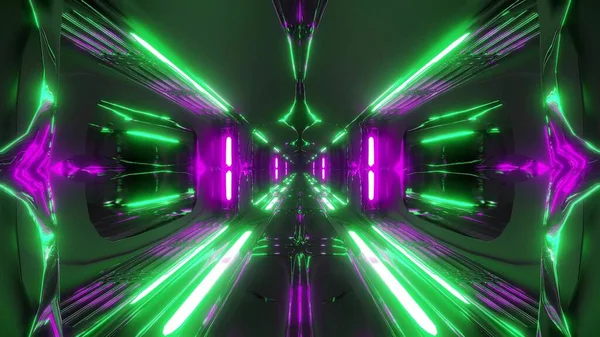 带有玻璃窗的未来主义科幻外星空间隧道走廊3D插图墙纸背景 未来科幻建筑3D渲染艺术设计 — 图库照片