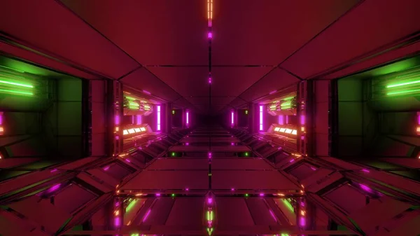 面向未来的科幻工艺空间机库隧道走廊灯火通明3D插图墙纸背景设计 现代科幻建筑3D渲染艺术 — 图库照片