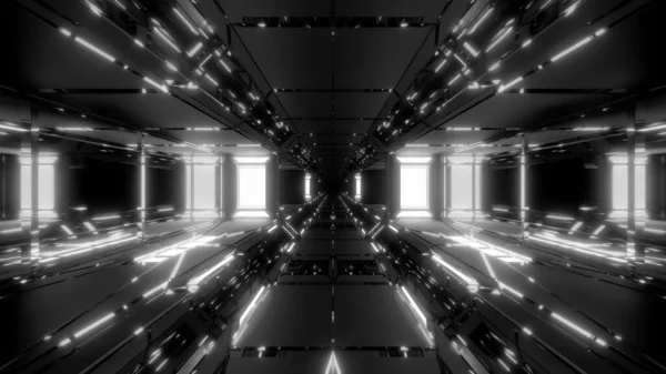 Futurisztikus Scifi Tér Hangár Alagút Folyosó Szép Reflexió Üveg Alján — Stock Fotó