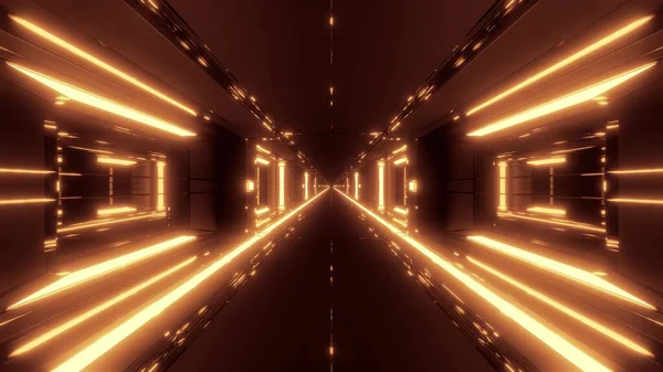 未来的なScifiスペース格納庫トンネル廊下ホット金属3Dイラスト壁紙の背景デザイン カラフルなScifiファンタジー3Dレンダリングアートルーム — ストック写真