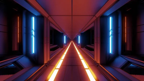 クリーンな未来的なScifiスペース格納庫トンネル廊下ホット輝く金属3Dイラストの背景壁紙デザイン スタイリッシュなSci Fiアートルーム3Dレンダリングとともに光るライト — ストック写真