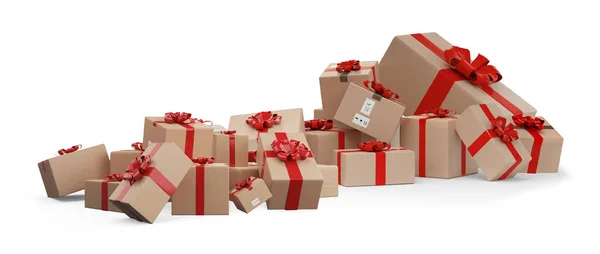 Geschenkboxen Mit Roten Bändern Und Weihnachtsgeschenken Isoliert Auf Weißem Hintergrund — Stockfoto