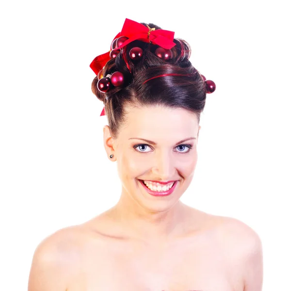 Bela Jovem Mulher Com Cabelos Cacheados Lábios Vermelhos Cabeça Isolada — Fotografia de Stock