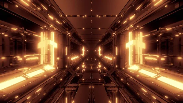 聖なる輝くキリスト教の十字3Dイラストでクールな未来の空間Scifi格納庫トンネル廊下壁紙の背景デザイン クールな未来のSci Fi宗教寺院の建物3Dレンダリングアート — ストック写真
