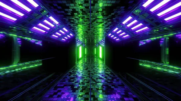 未来的なSf格納庫のトンネルの廊下とレンガのテクスチャと素敵な反射3Dイラストの背景壁紙 未来の無限のScfiルーム3Dレンダリングデザイン — ストック写真