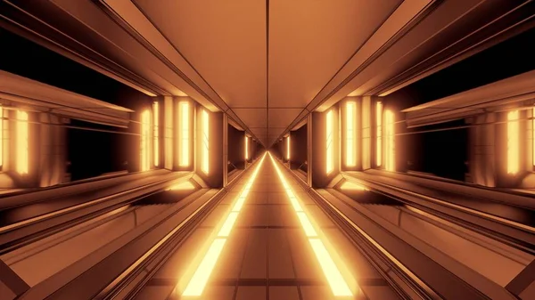 未来的なScifiファンタジースペース格納庫トンネル廊下ホット金属3Dイラスト壁紙の背景 ガラス窓レンダリングデザインと将来のScifiビルの部屋 — ストック写真