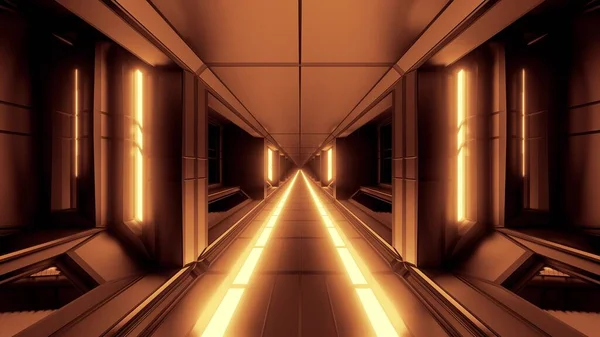 未来的なScifiファンタジースペース格納庫トンネル廊下ホット金属3Dイラスト壁紙の背景 ガラス窓レンダリングデザインと将来のScifiビルの部屋 — ストック写真