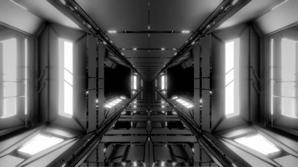 ユニークな高コントラスト未来的な空間Scifi格納庫トンネル廊下3Dイラスト壁紙の背景デザイン クールな未来のSfビル3Dレンダリングアート — ストック写真