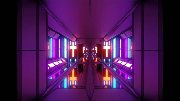 クリーンな未来的なScfiファンタジースペース格納庫のトンネル廊下聖なるキリスト教の輝くクロスとガラス底3Dイラスト壁紙の背景 宗教と将来のSci Fi建物の部屋クリスマスシンボル3Dレンダリングデザイン — ストック写真
