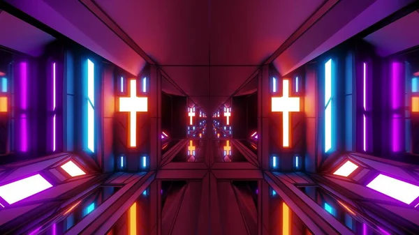 미래주의적 격납고 복도에 기독교의 빛나는 십자가와 바닥에 그려진 미래의 크리스마스 — 스톡 사진