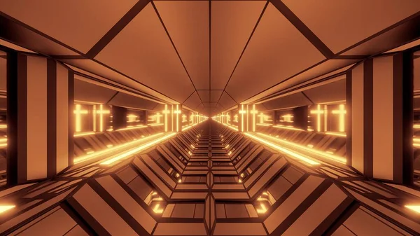 聖なる輝くキリスト教の十字3Dイラストでクールな未来の空間Scifi格納庫トンネル廊下壁紙の背景デザイン クールな未来のSci Fi宗教寺院の建物3Dレンダリングアート — ストック写真