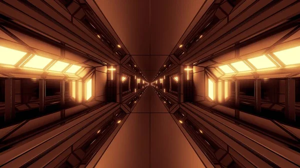 具有神圣基督教光芒的科幻小说式空间飞机库隧道走廊3D插图墙纸背景 未来带有宗教克里斯托斯符号的科幻建筑房间3D渲染设计 — 图库照片