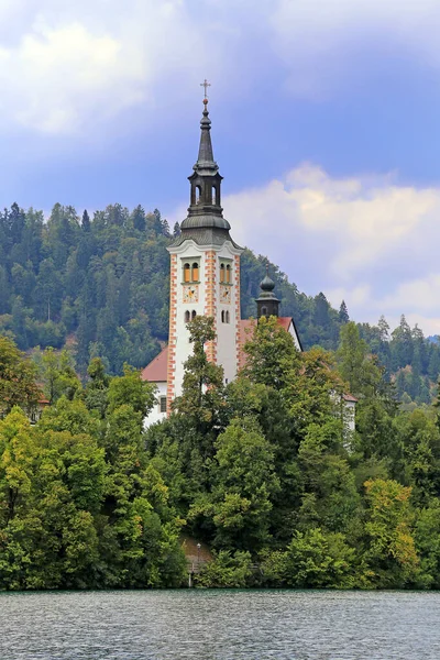 Turistické Atrakce Marienkirche Malém Ostrůvku Jezeře Bled — Stock fotografie