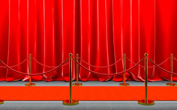 金色の障壁と赤いロープ ベルベットのカーテン付きの赤いカーペット 3D画像レンダリング 有名人と排他性の概念 — ストック写真