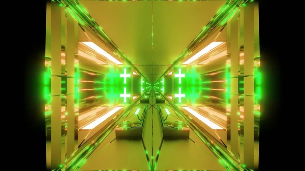 Futuristic Sci Space Tunnel Corridor Holy Glowing Christian Crosses Illustration — Stock Photo, Image