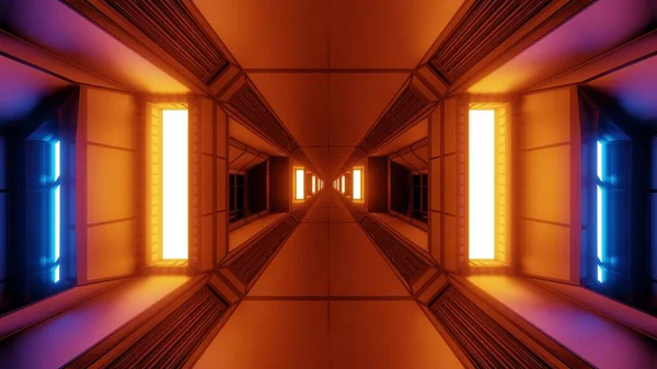 輝くライトとガラス窓の3Dイラストの背景壁紙と未来のSfスペーストンネルの廊下 無限の未来のSfアート3Dレンダリングデザイン — ストック写真