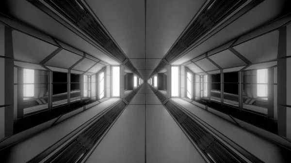 Futuristic Sci Space Tunnel Corridor Glowing Lights Glass Windows Illustration — Stock Photo, Image