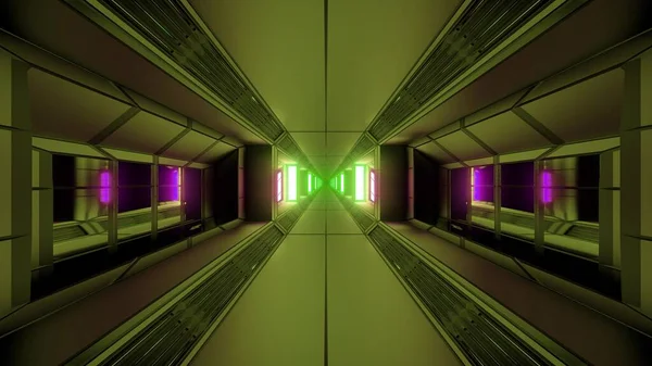 Parlayan Işıklar Cam Pencereli Fütüristik Bilim Kurgu Uzay Tüneli Koridoru — Stok fotoğraf