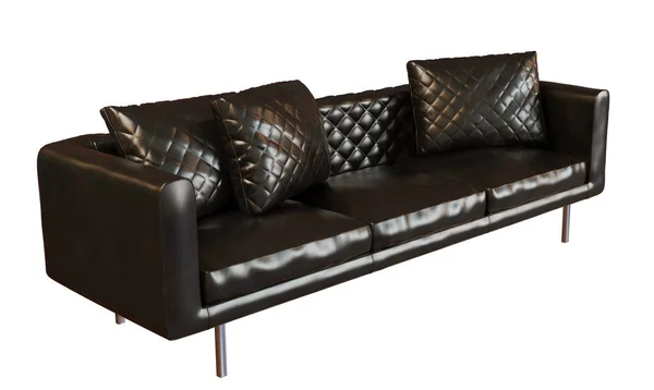 白い背景に隔離された黒い革3箇所のソファの3Dフォトリアリスティックな画像 — ストック写真