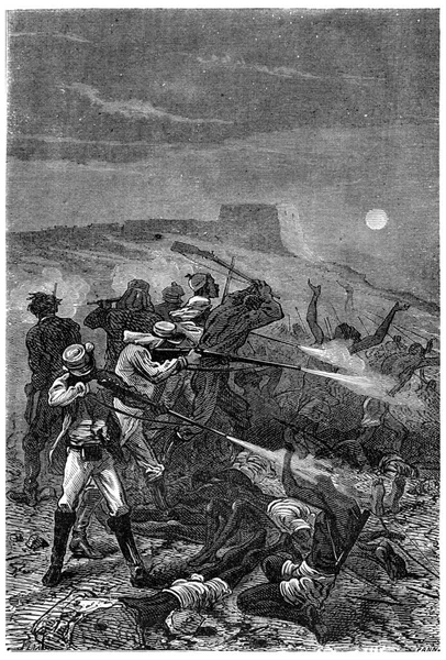 グループの中で急いで ヴィンテージの刻まれたイラスト ジュール ヴェルヌ3ロシア語と3英語 1872年 — ストック写真