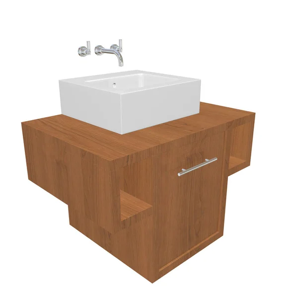 Modern Bathroom Sink Set Ceramic Wash Basin Chrome Fixtures Wooden — Stock Photo, Image