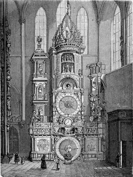 フランス アルザスのストラスブール大聖堂内のストラスブール天文時計 化学デ エコラール ヴィンテージ彫刻 1876年から — ストック写真