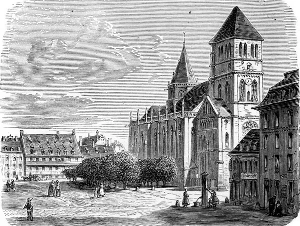 Eglise Saint Thomas Strasbourg Alsace France Chemin Des Ecoliers Gravure — Photo