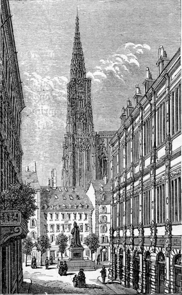 法国阿尔萨斯斯特拉斯堡的Grandes Arcades街 摘自Chemin Des Ecoliers Vintage Engraving 1876年 — 图库照片
