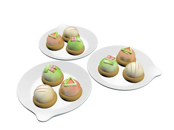 Colorful Topped Desserts French Macaron Served Ceramic Plates Illustration Isolated — Stock Photo, Image