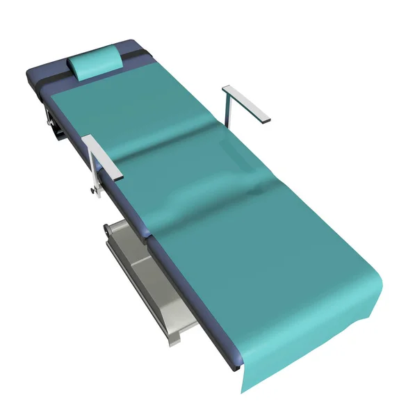 緑色のシートが付いている調節可能な健康診断のテーブルまたはベッド 緑のリネンが付いている3Dのイラスト 白い背景に対して隔離される — ストック写真