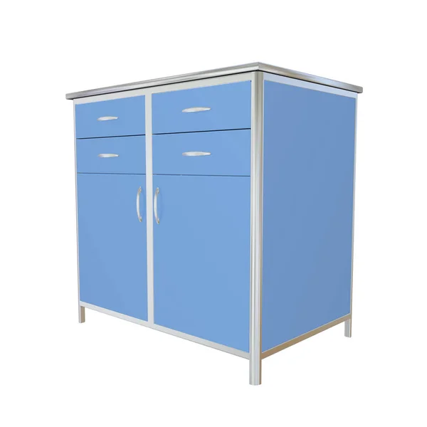 蓝色和不锈钢金属医疗用品柜 3D插图 与白色背景隔离 — 图库照片
